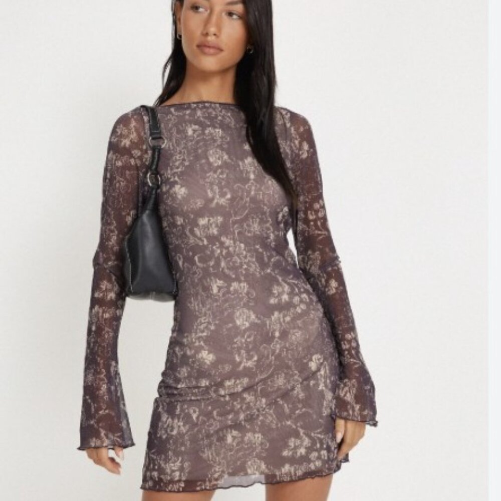 Motel Rocks  Sevila Long Sleeve Mini Dress in Botanical Dark Brown